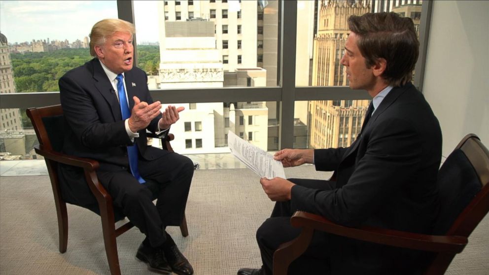 Republican presidential candidate Donald Trump is interviewed by ABC's David Muir, June 21, 2016.