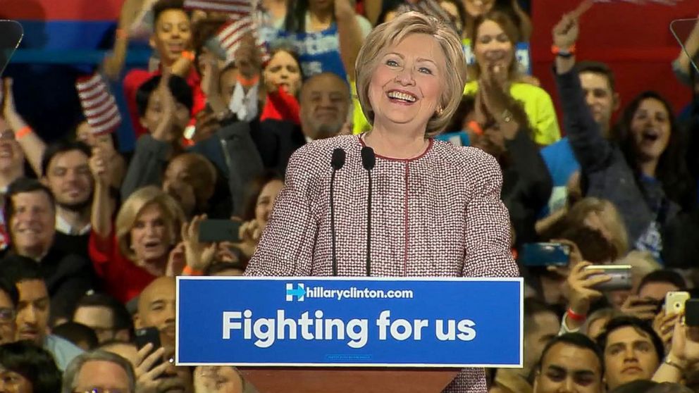 PHOTO: Democratic presidential candidate Hillary Clinton onstage at her New York presidential primary night rally in New York City on April 19, 2016. 