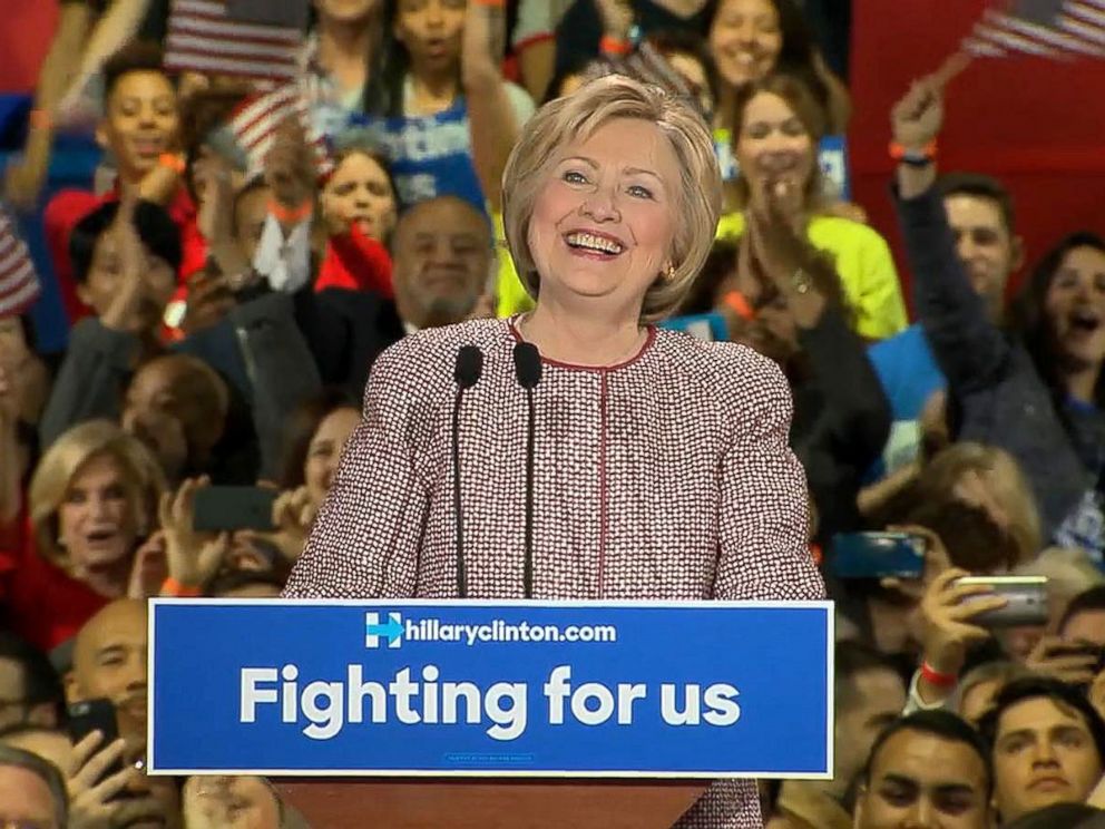 PHOTO: Democratic presidential candidate Hillary Clinton onstage at her New York presidential primary night rally in New York City on April 19, 2016.