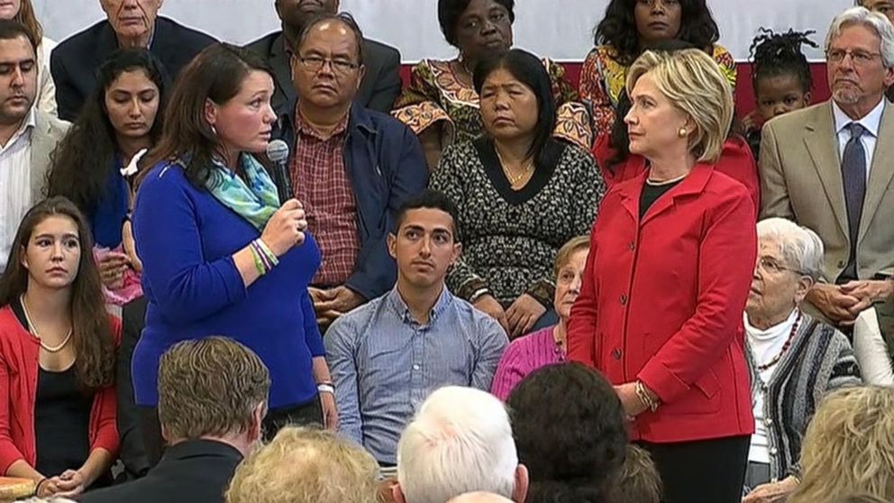 Nicole Hockley speaks with Hillary Clinton at Manchester Community College on Oct. 5, 2015 in Manchester, New Hampshire.