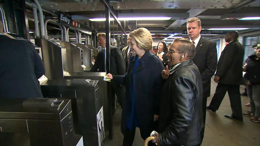 PHOTO: Hillary Clinton rides the New York City subway, April 7, 2016. 