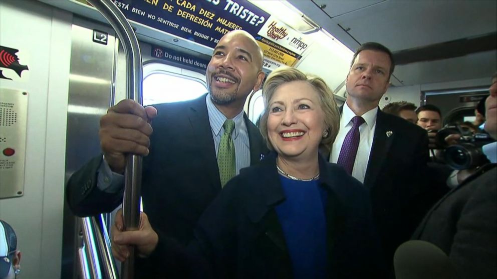 PHOTO: Hillary Clinton rides the New York City subway, April 7, 2016.