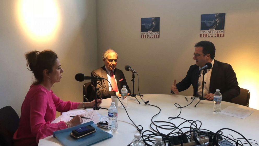 Michael Cohen's lawyer Lanny Davis (center) is seen here with ABC News' Kyra Phillips (left) and ABC News' Chris Vlasto (right) during an interview for "The Investigation" podcast. 