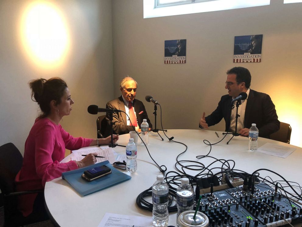 Michael Cohen's lawyer Lanny Davis (center) is seen here with ABC News' Kyra Phillips (left) and ABC News' Chris Vlasto (right) during an interview for "The Investigation" podcast. 