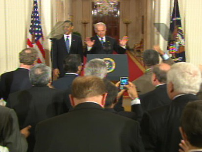 Video of people chanting fired up ready to go for health care bill signing.
