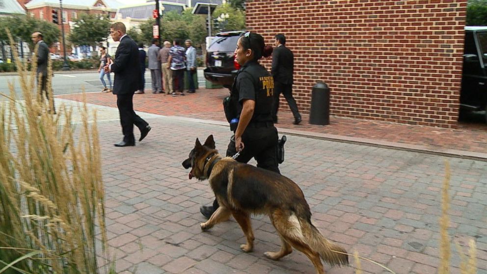 PHOTO: K-9 units did sweeps and various forms of police and security detail were peppered around the Four Seasons in Georgetown for King Salman's arrival to Washinton, Sept. 3, 2015. 