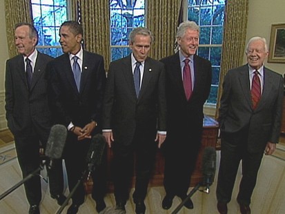VIDEO: Bushes, Carter, Clinton and Obama bond over lunch.