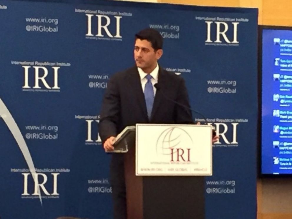 PHOTO: Speaker Paul Ryan addresses the International Republican Institute's panel in Cleveland on Tuesday, July 19,2016.
