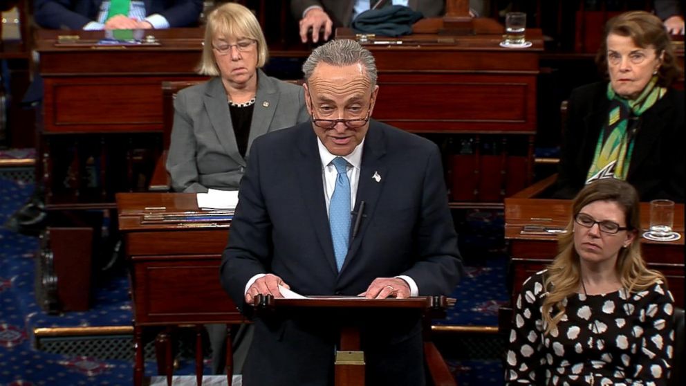 PHOTO: Sen. Chuck Schumer, D-N.Y. on the floor of the U.S. Capitol on Jan. 19. 2018, speaks after efforts to avoid a government shutdown failed. 
