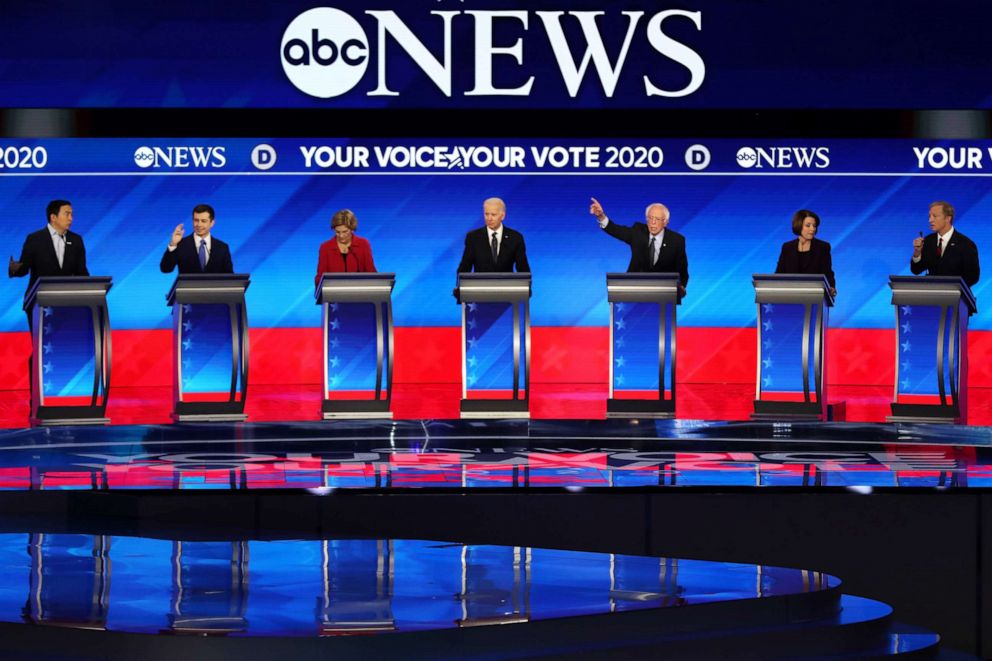 PHOTO: Democratic presidential candidates participate in the Democratic presidential primary debate in the Sullivan Arena at St. Anselm College on February 07, 2020 in Manchester, New Hampshire.