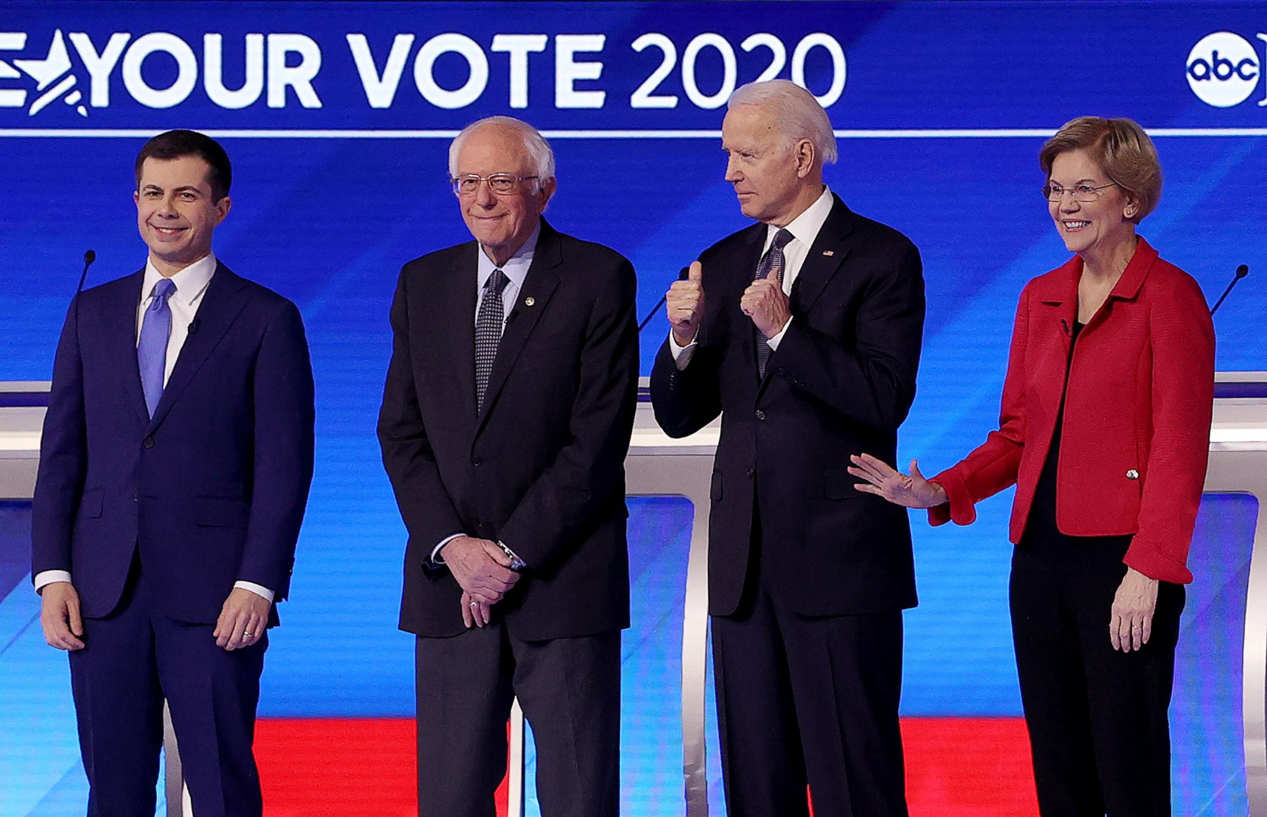 PHOTO: From left, Democratic presidential candidates Pete Buttigieg, Sen. Bernie Sanders, Sen. Elizabeth Warren, and former Vice President Joe Biden, arrive for a presidential primary debate at St. Anselm College, Feb. 7, 2020 in Manchester, N.H.