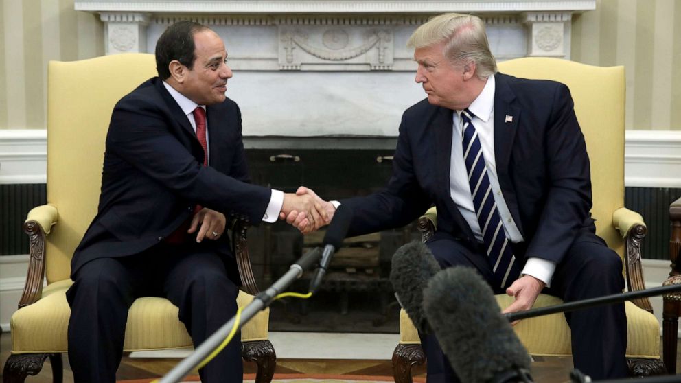 President Donald Trump shakes hands with Egyptian President Abdel Fattah al-Sisi in the Oval Office of the White House in Washington, April, 3, 2017.