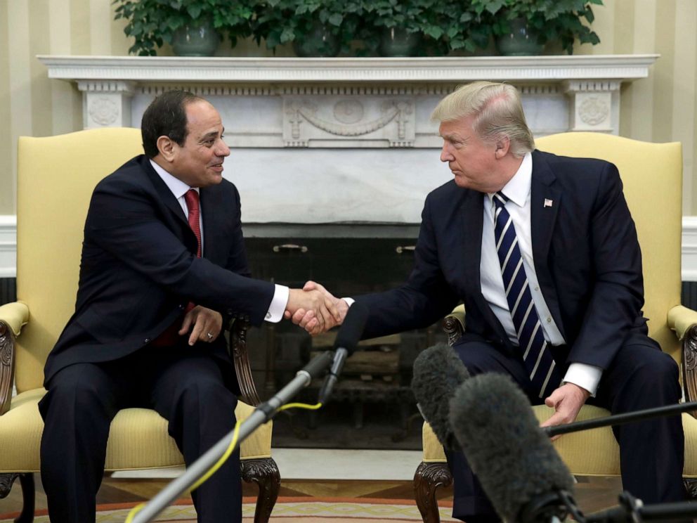 President Donald Trump shakes hands with Egyptian President Abdel Fattah al-Sisi in the Oval Office of the White House in Washington, April, 3, 2017.