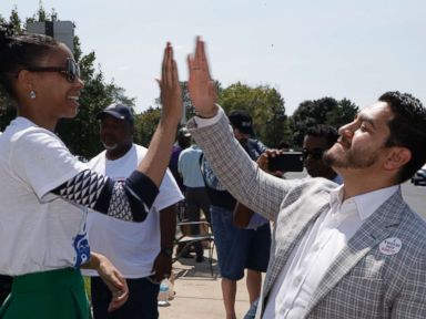 PHOTO: Dr. Abdul El-Sayed high-fives supporter Sonique Watson in Detroit, Aug. 8, 2017.