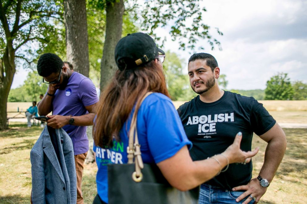 PHOTO: Abdul El-Sayed, a liberal candidate for governor of Michigan, works the crowd at a barbecue in Milford, Mich., July 15, 2018.