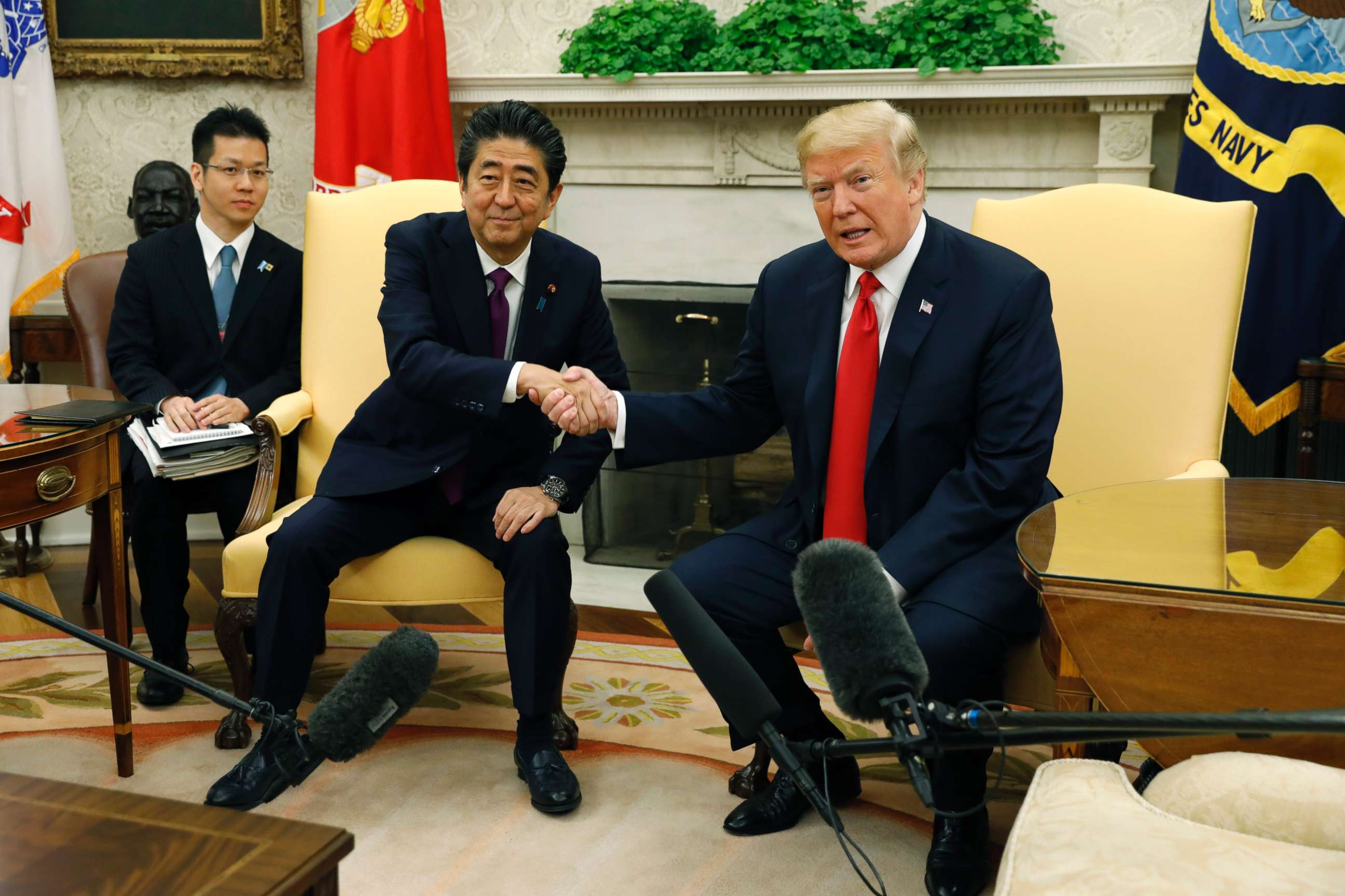 PHOTO: President Donald Trump meets with Japanese Prime Minister Shinzo Abe in the Oval Office of the White House, June 7, 2018, in Washington, DC.