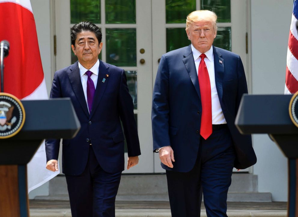 PHOTO: President Donald Trump and Japanese Prime Minister Shinzo Abe arrive for a news conference in the Rose Garden of the White House in Washington, June 7, 2018.