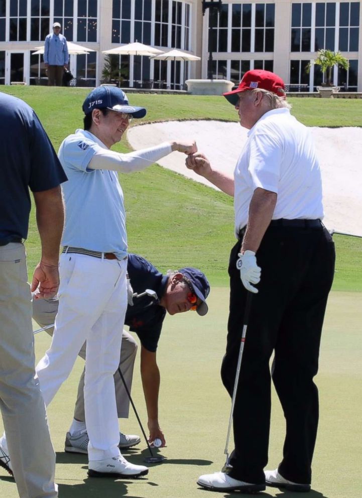 PHOTO: President Donald Trump and Japanese Prime Minister Shinzo Abe are shown golfing in Palm Beach. Fla. on April 18, 2018.