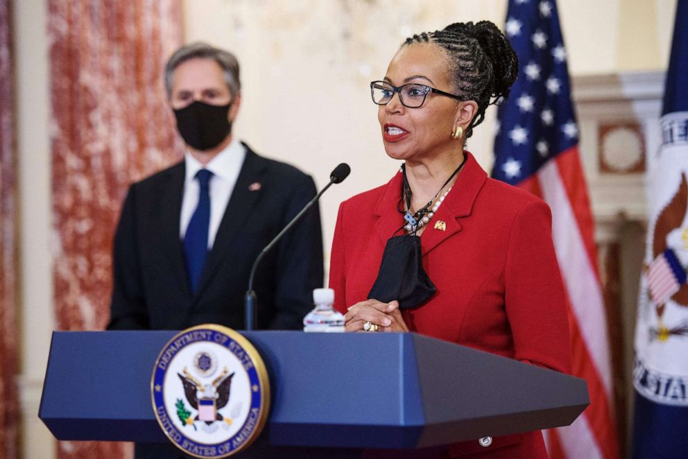 PHOTO: Former ambassador Gina Abercrombie-Winstanley speaks after Secretary of State Antony Blinken announced that she would be the  first chief diversity officer in the Benjamin Franklin Room of the State Department in Washington, D.C., April 12, 2021.