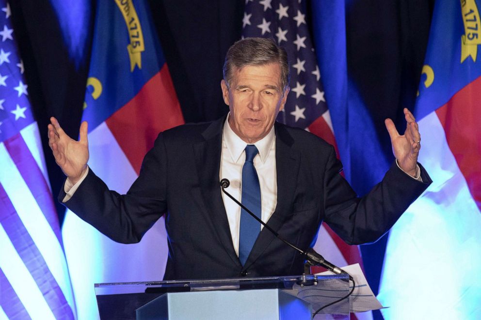 PHOTO: North Carolina Gov. Roy Cooper speaks at a primary election night event hosted by the North Carolina Democratic Party in Raleigh, N.C., May 17, 2022.