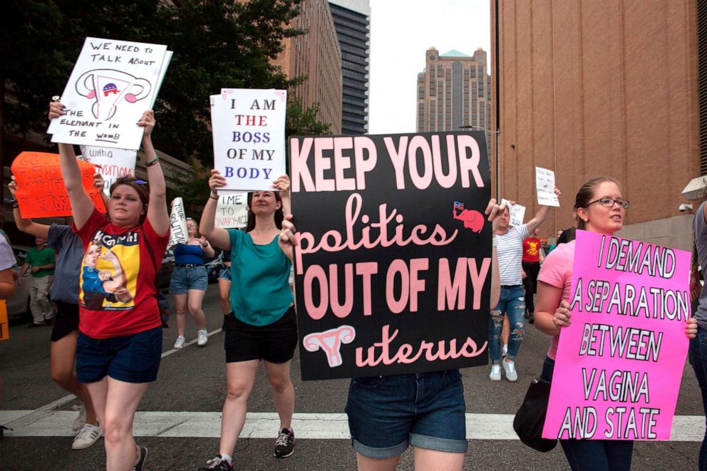 PHOTO: Abortion rights supporters march through the streets of Birmingham, Ala., during the March For Reproductive Freedom, May 19, 2019. 