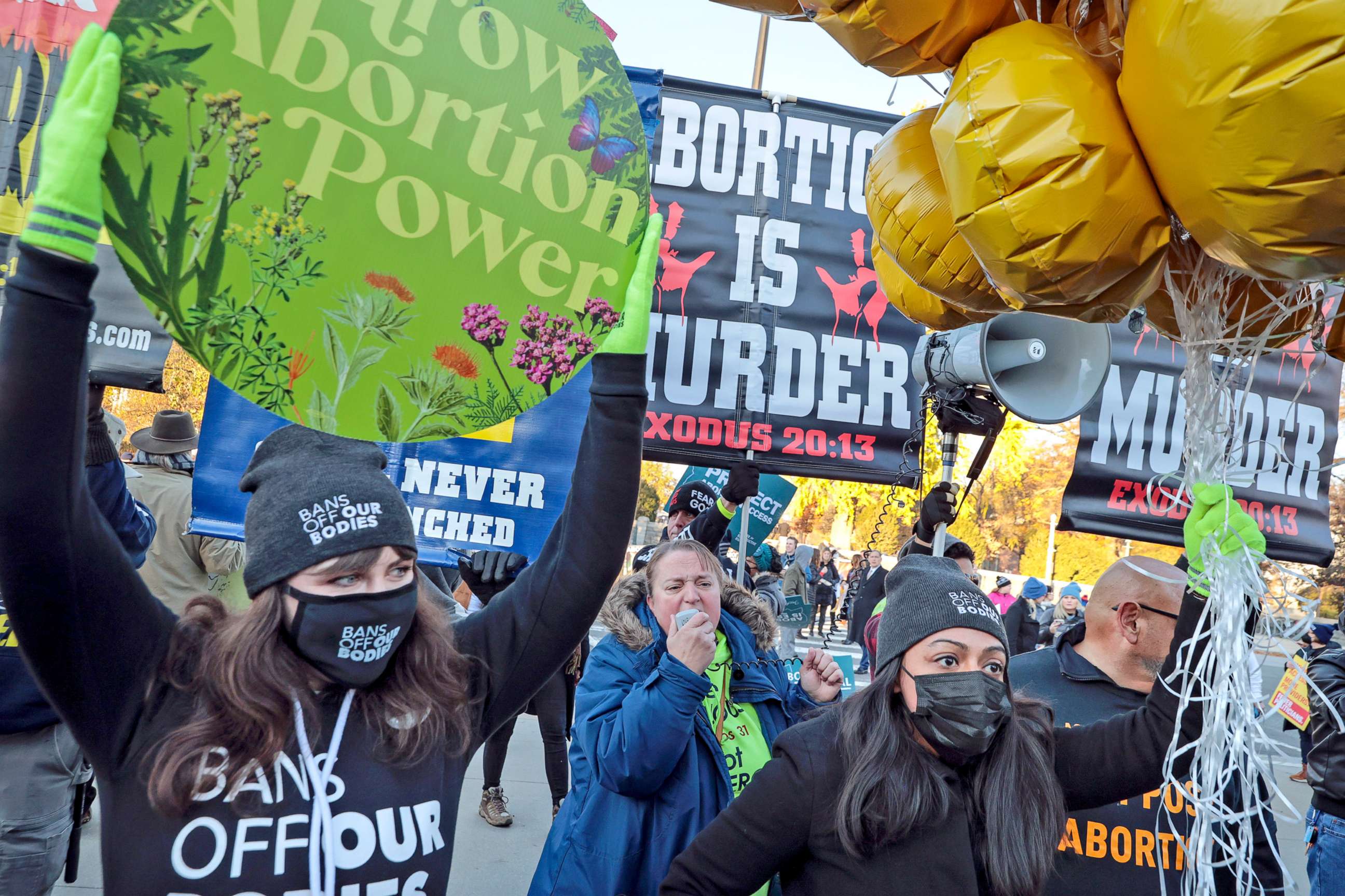 PHOTO: Protesters, demonstrators and activists gather in front of the U.S. Supreme Court as the justices hear arguments in a case about a Mississippi law that bans most abortions after 15 weeks, on Dec. 1, 2021 in Washington, D.C.