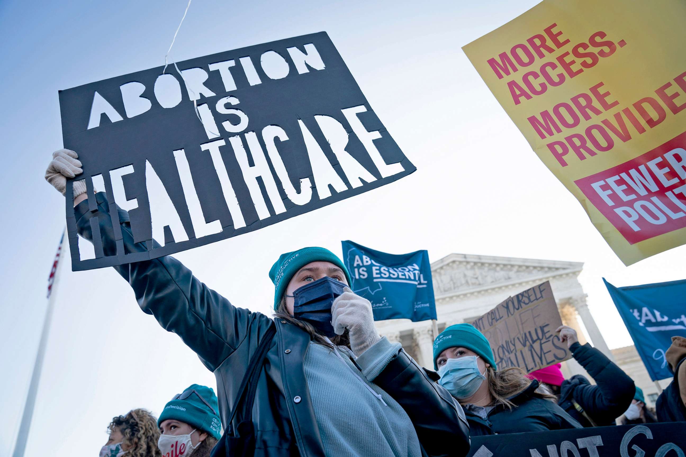 PHOTO: Protesters, demonstrators and activists gather in front of the U.S. Supreme Court as the justices hear arguments in a case about a Mississippi law that bans most abortions after 15 weeks, on Dec. 1, 2021 in Washington, D.C. 