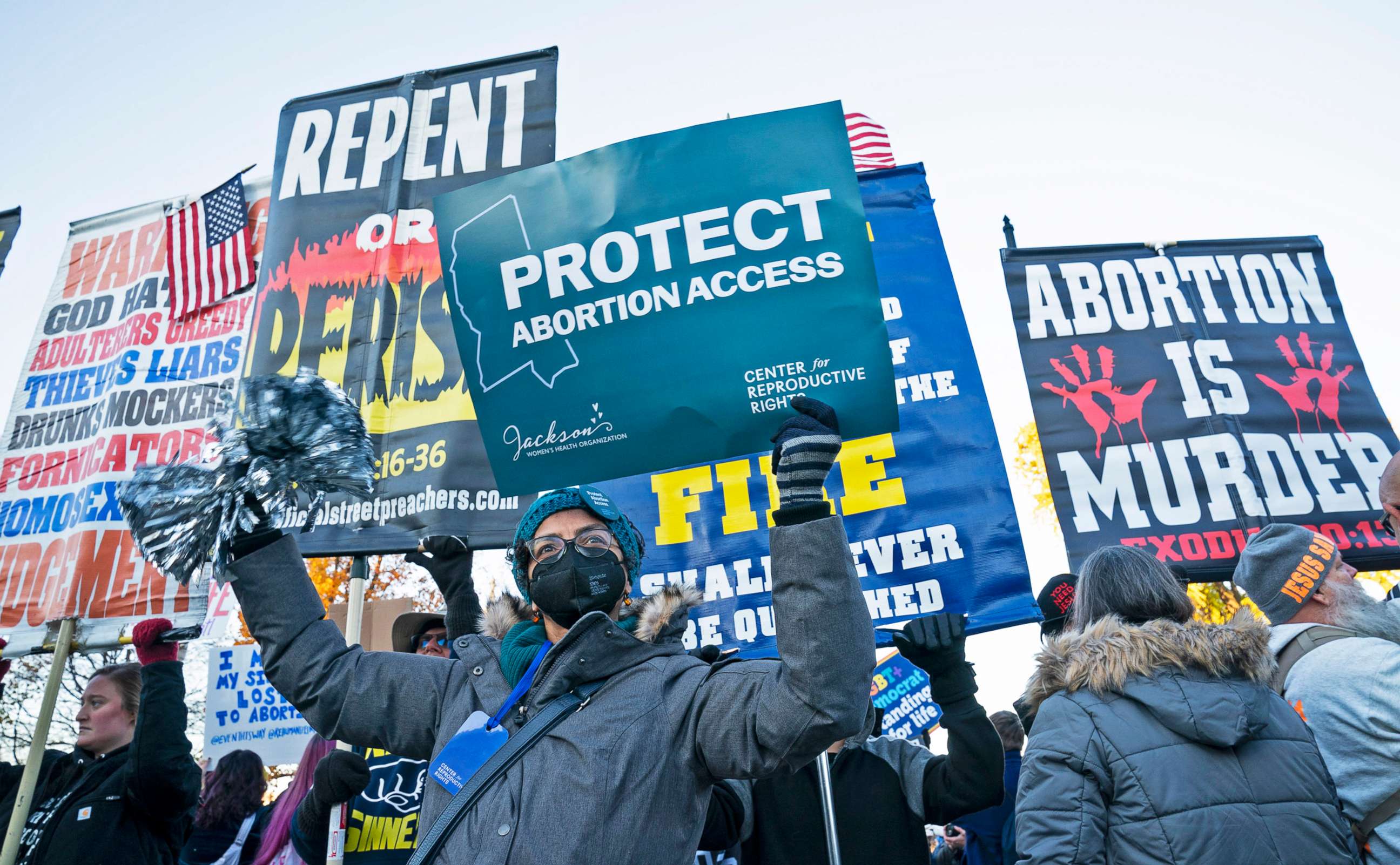 PHOTO: Protesters, demonstrators and activists gather in front of the U.S. Supreme Court as the justices hear arguments in a case about a Mississippi law that bans most abortions after 15 weeks, on Dec. 1, 2021 in Washington, D.C.