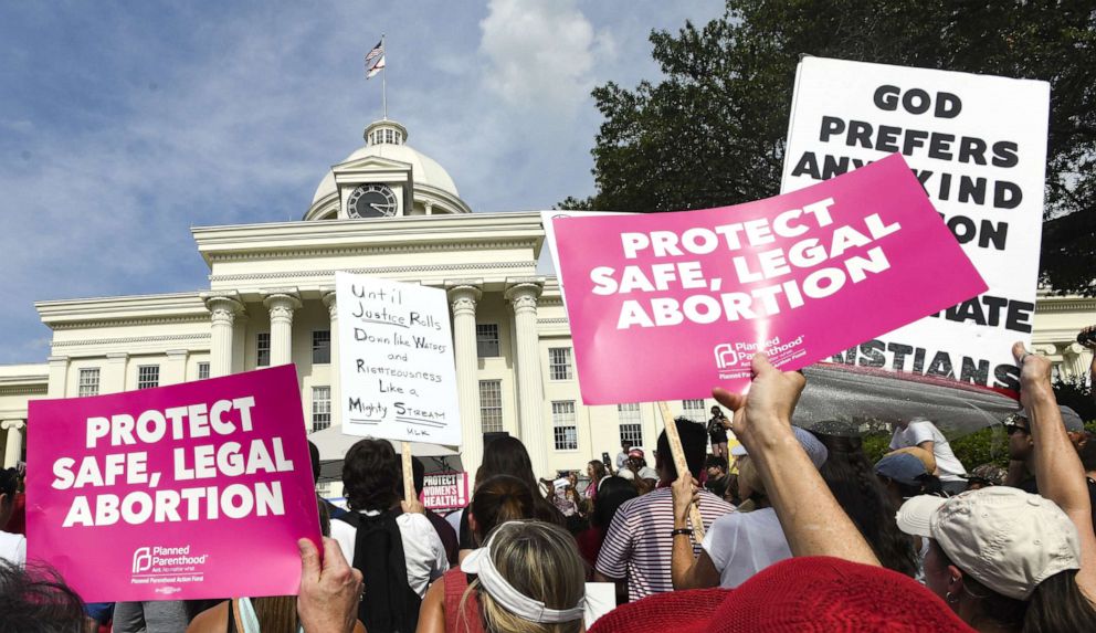 PHOTO: Protesters participate in a rally against one of the nation's most restrictive bans on abortions on May 19, 2019 in Montgomery, Ala.