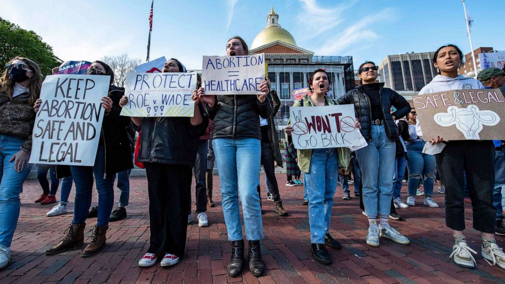 PHOTO: Pro-choice demonstrators rally outside the State House during a Pro-Choice Mother's Day Rally in Boston, on May 8, 2022.