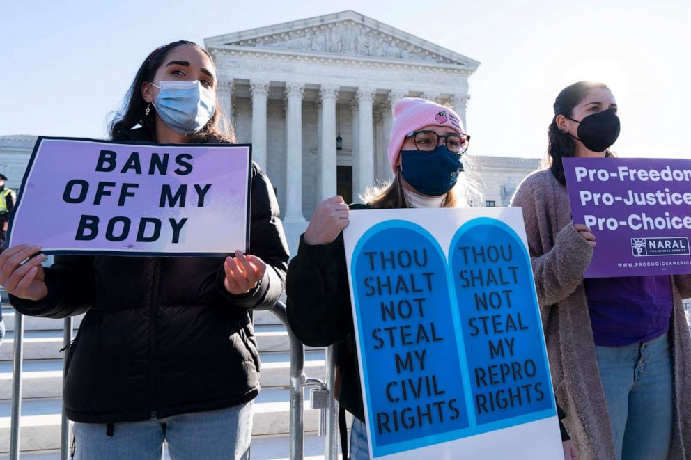 PHOTO: In this Nov. 1, 2021, file photo, women participate in an abortion-rights rally outside the Supreme Court in Washington, D.C.