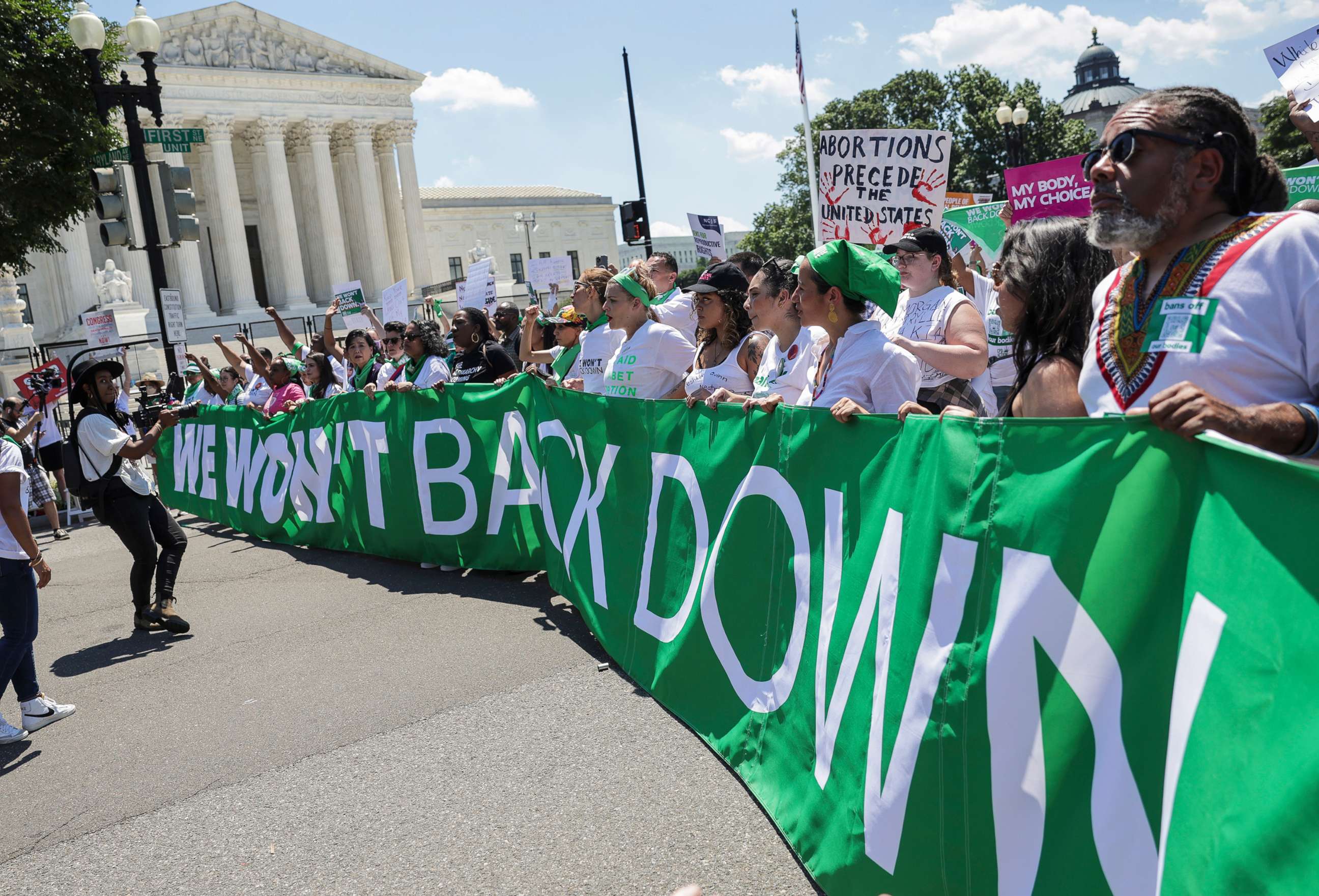 PHOTO: In this June 30, 2022, file photo, abortion rights activists protest outside the U.S. Supreme Court on the last day of their term, in Washington, D.C.