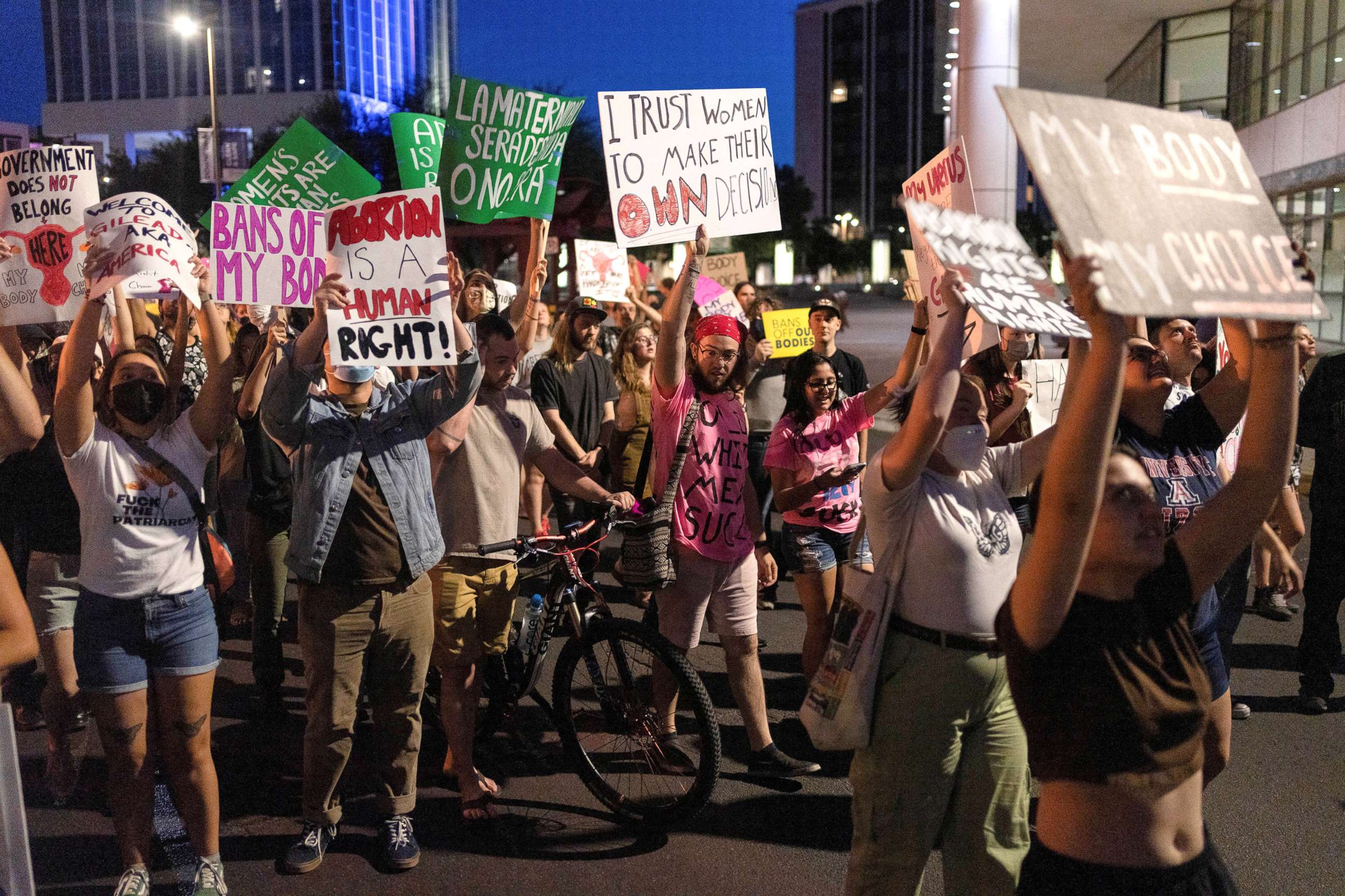 PHOTO: Abortion rights activists march after demonstrating outside of Evo A. DeConcini U.S. Federal Courthouse,  in Tucson, Arizona, May 3, 2022.