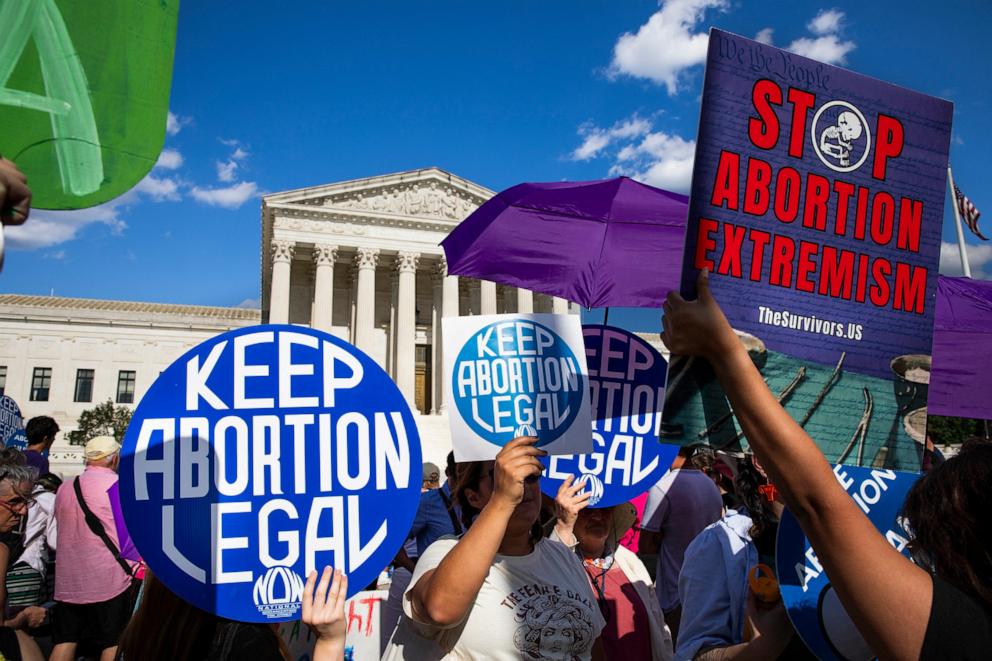 PHOTO: Abortion rights and anti-abortion rights activists are protesting in front of the US Supreme Court in Washington, DC on June 24, 2024.