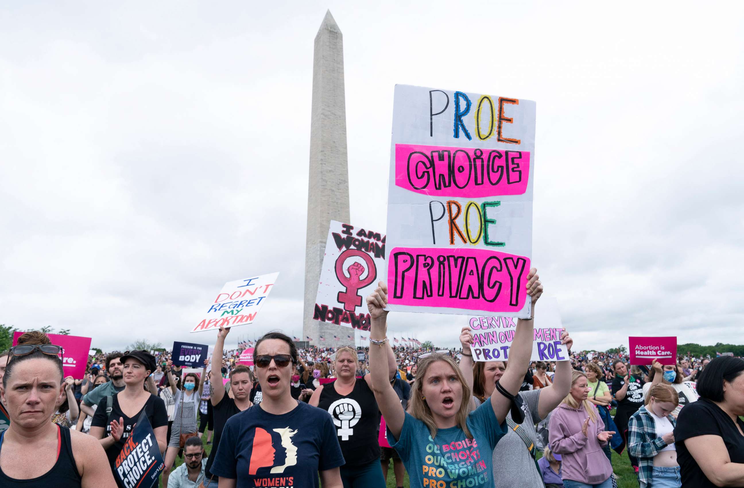 PHOTO: Abortion rights activists rally at the Washington Monument before marching to the US Supreme Court in Washington, DC, May 14, 2022.