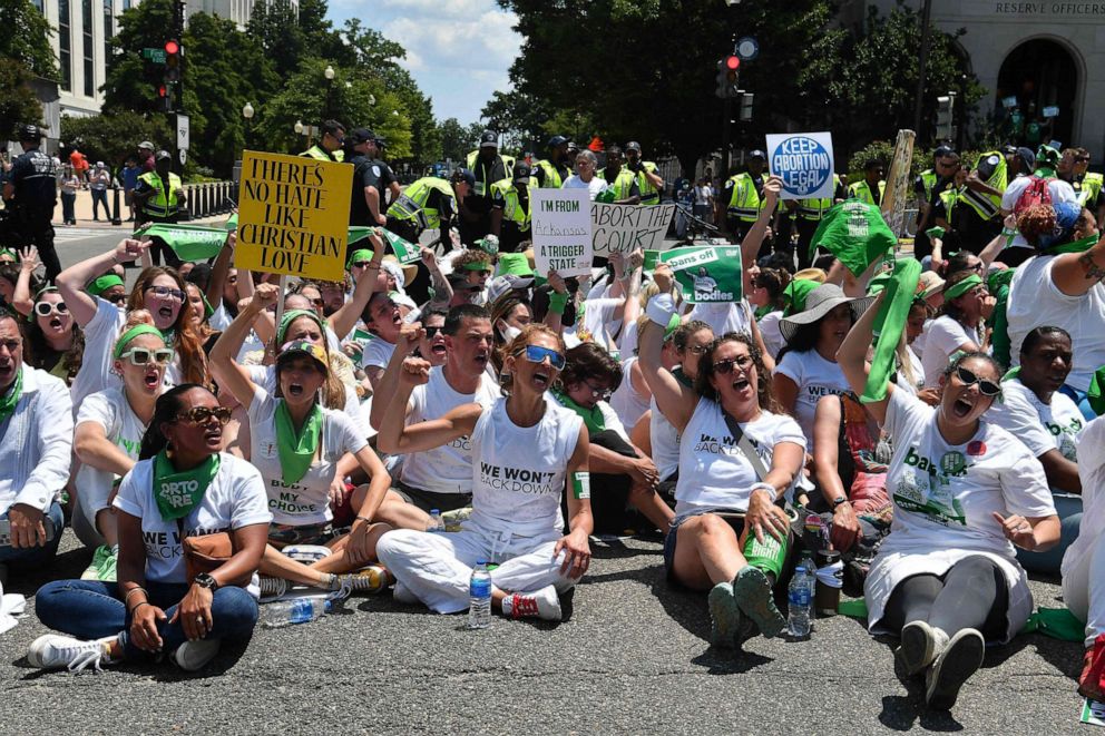 PHOTO: Abortion rights activists sit down near the US Capitol as they protest the US Supreme Court decision to overturn Roe Vs. Wade in Washington on June 30, 2022.