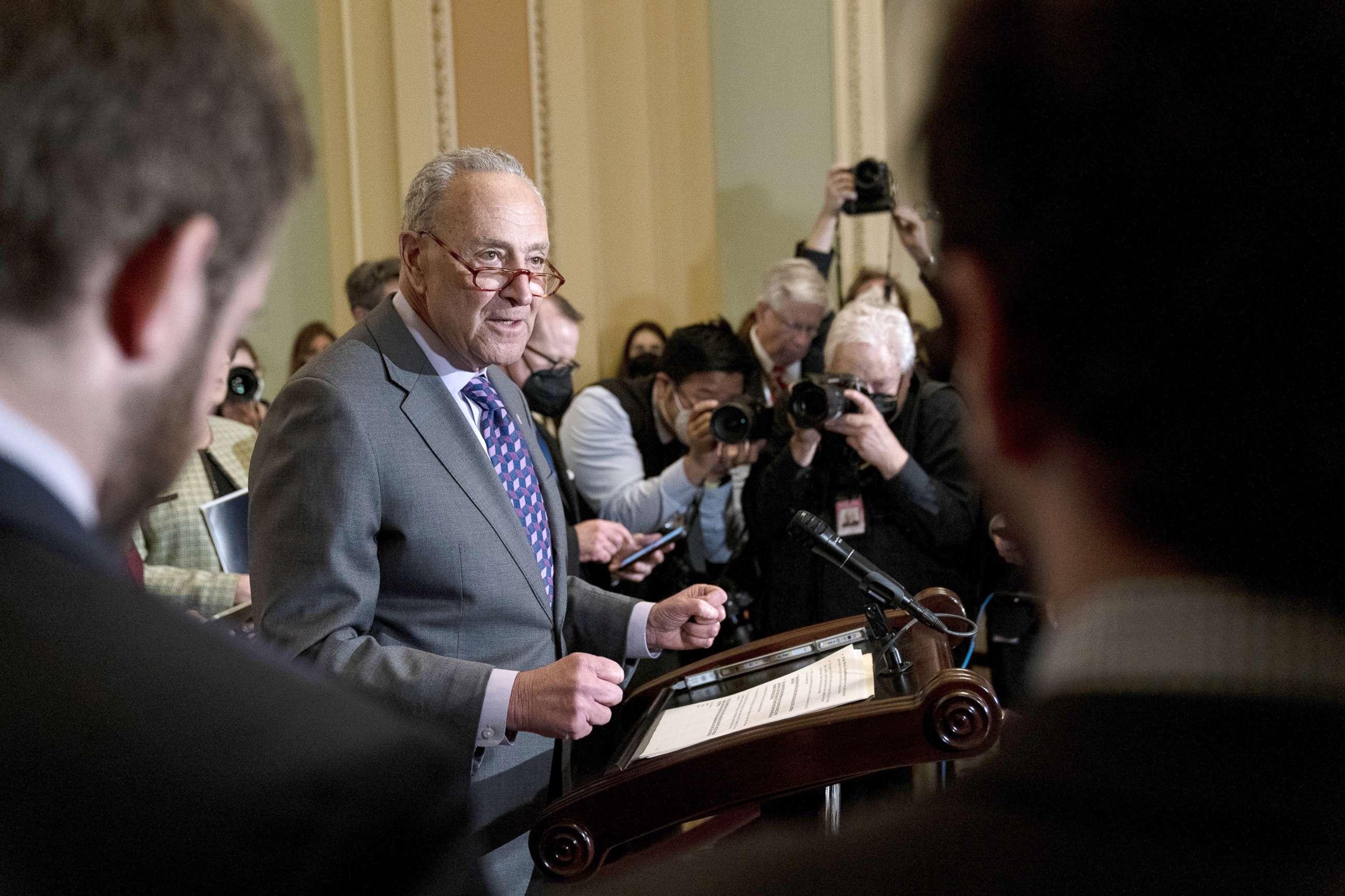 PHOTO: Senate Majority Leader Chuck Schumer speaks during a news conference following the weekly Democratic caucus luncheon at the Capitol in Washington, May 10, 2022.