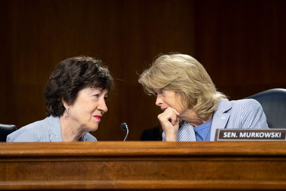 PHOTO: Sen. Susan Collins  speaks with Sen. Lisa Murkowski in the Senate in Washington, June 17, 2021.