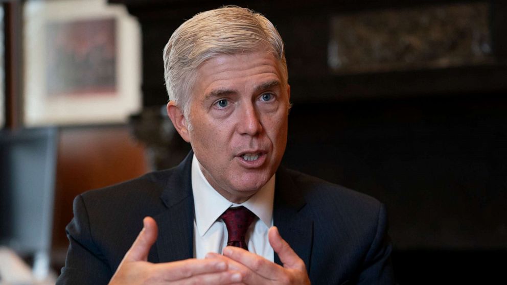 PHOTO: Justice Neil Gorsuch, speaks during an interview in his chambers at the Supreme Court in Washington, Sept. 4, 2019.