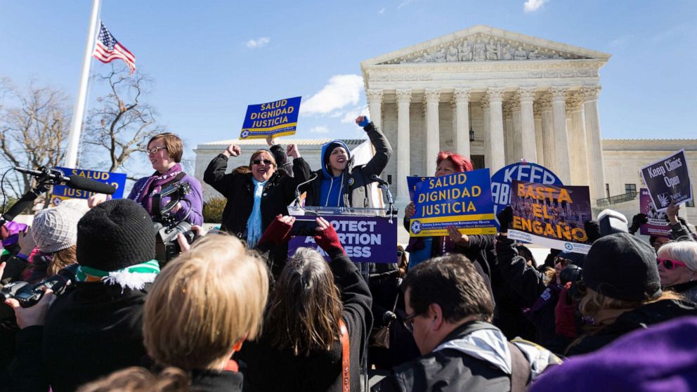 PHOTO: Members of the National Latina Institute for Reproductive Justice held a rally outside the Supreme Court in June 2016 for Whole Woman's Health v. Hellersted.