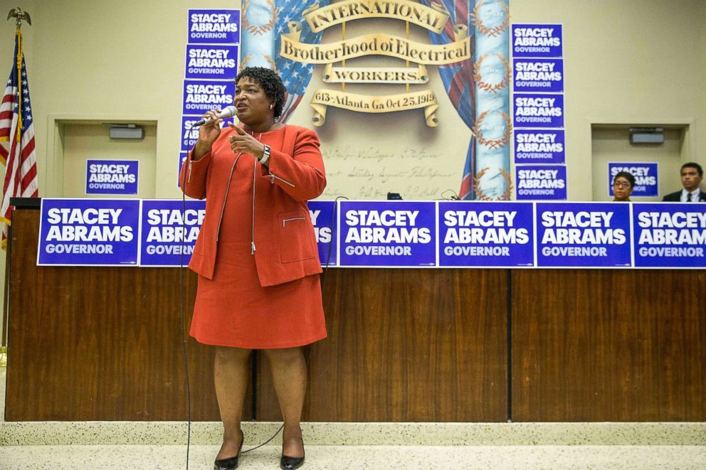 PHOTO: The governor candidate, Stacey Abrams, speaking at a campaign stage in Atlanta on October 21, 2018.