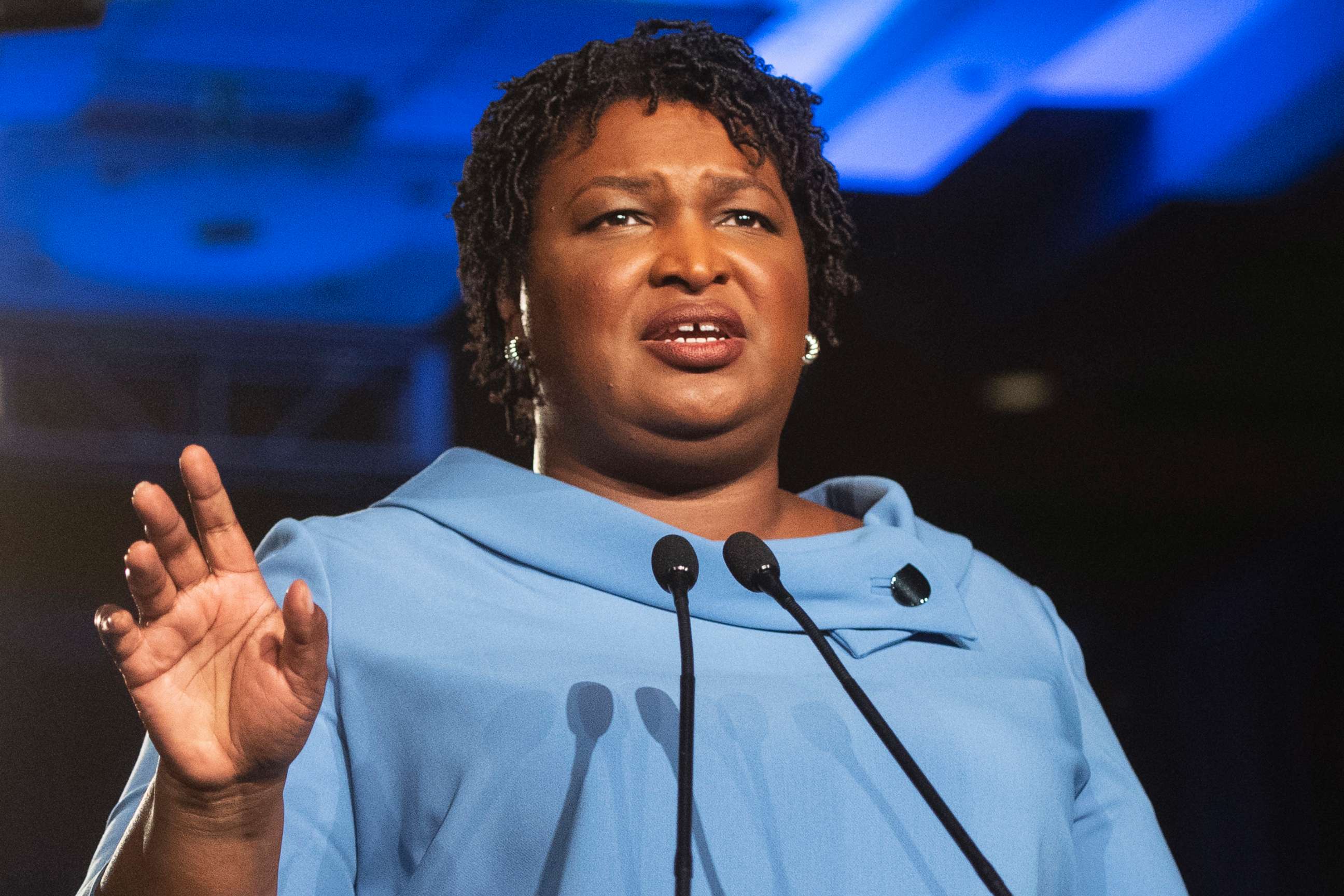 PHOTO: Georgia Democratic gubernatorial candidate Stacey Abrams addresses supporters during an election night watch party in Atlanta, Nov. 6, 2018. 