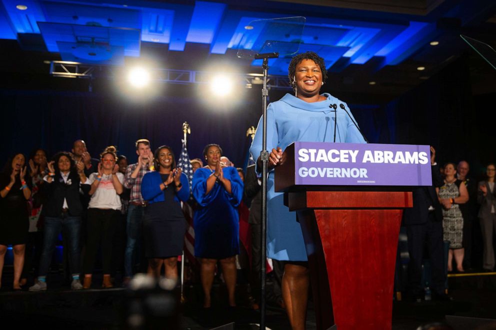 PHOTO: Stacey Abrams, Democratic nominee for governor of Georgia, speaks during an election night watch party in Atlanta, Nov. 6, 2018.