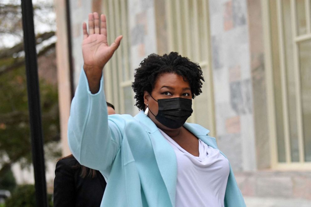 PHOTO: Stacey Abrams arrives to meet with US President Joe Biden at Emory University in Atlanta, March 19, 2021. 