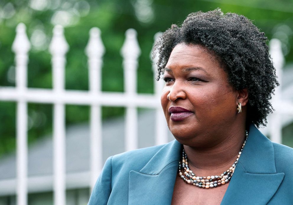 PHOTO: Democratic gubernatorial candidate Stacey Abrams looks on at a news conference during the primary election in Atlanta, May 24, 2022.
