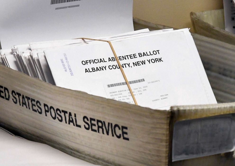 PHOTO: Aa box of absentee ballots wait to be counted at the Albany County Board of Elections in Albany, N.Y., June 30, 2020.
