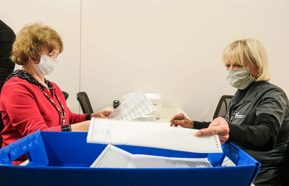 PHOTO: Employees and volunteers of the Franklin County Board of Elections sort through, and de-stub both mail in ballots and provisional ballots on April 28, 2020 in Columbus, Ohio on the final day of the the Primary Election.