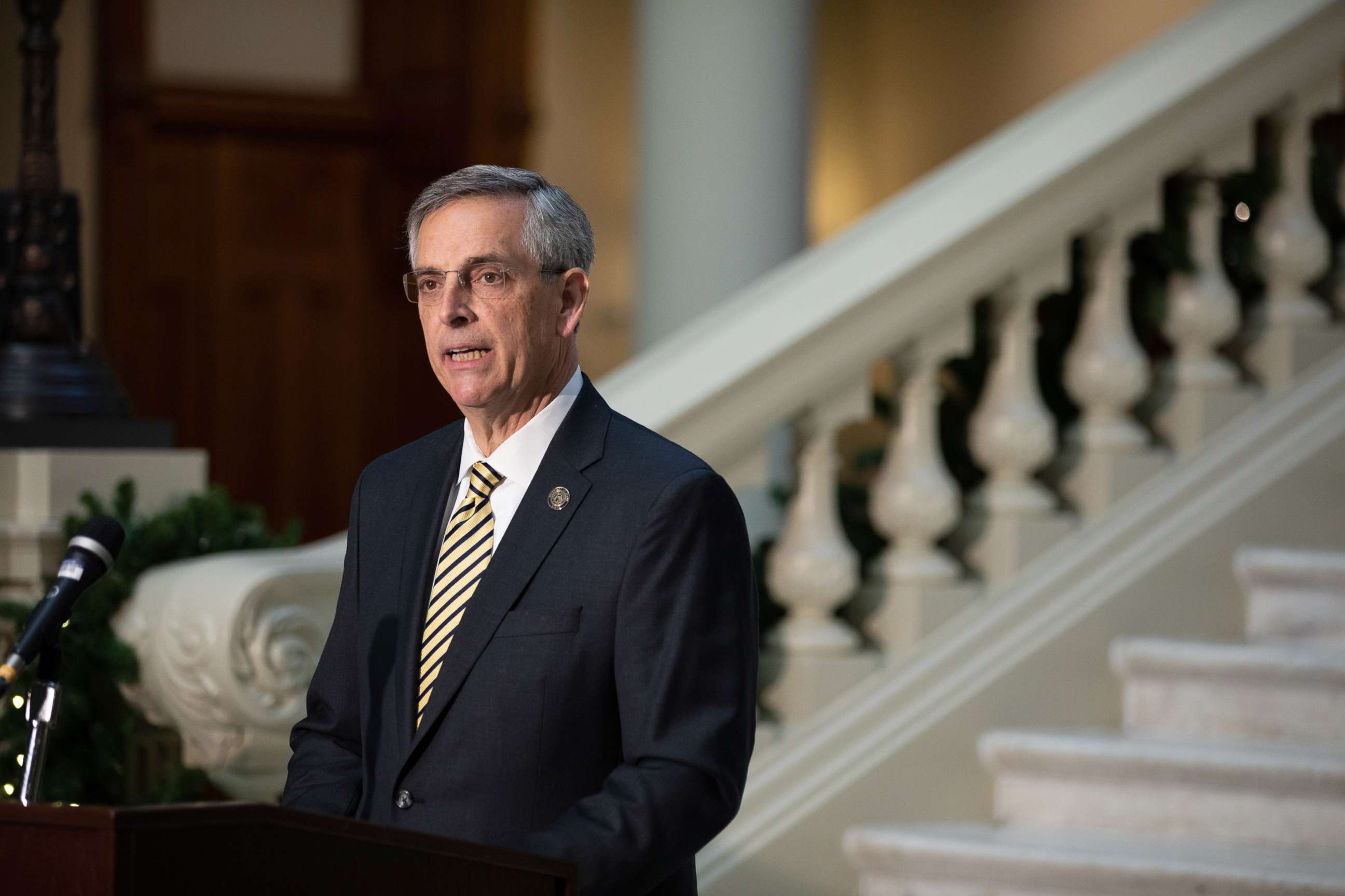 PHOTO: Brad Raffensperger, Georgia's secretary of state, speaks during a news conference at the Georgia State Capitol in Atlanta, Dec. 14, 2020.