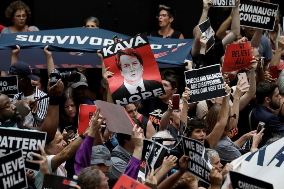 PHOTO: Activists rally inside the Senate Hart Office Building during a protest in opposition to Supreme Court nominee Brett Kavanaugh, on Capitol Hill, Oct. 4, 2018.