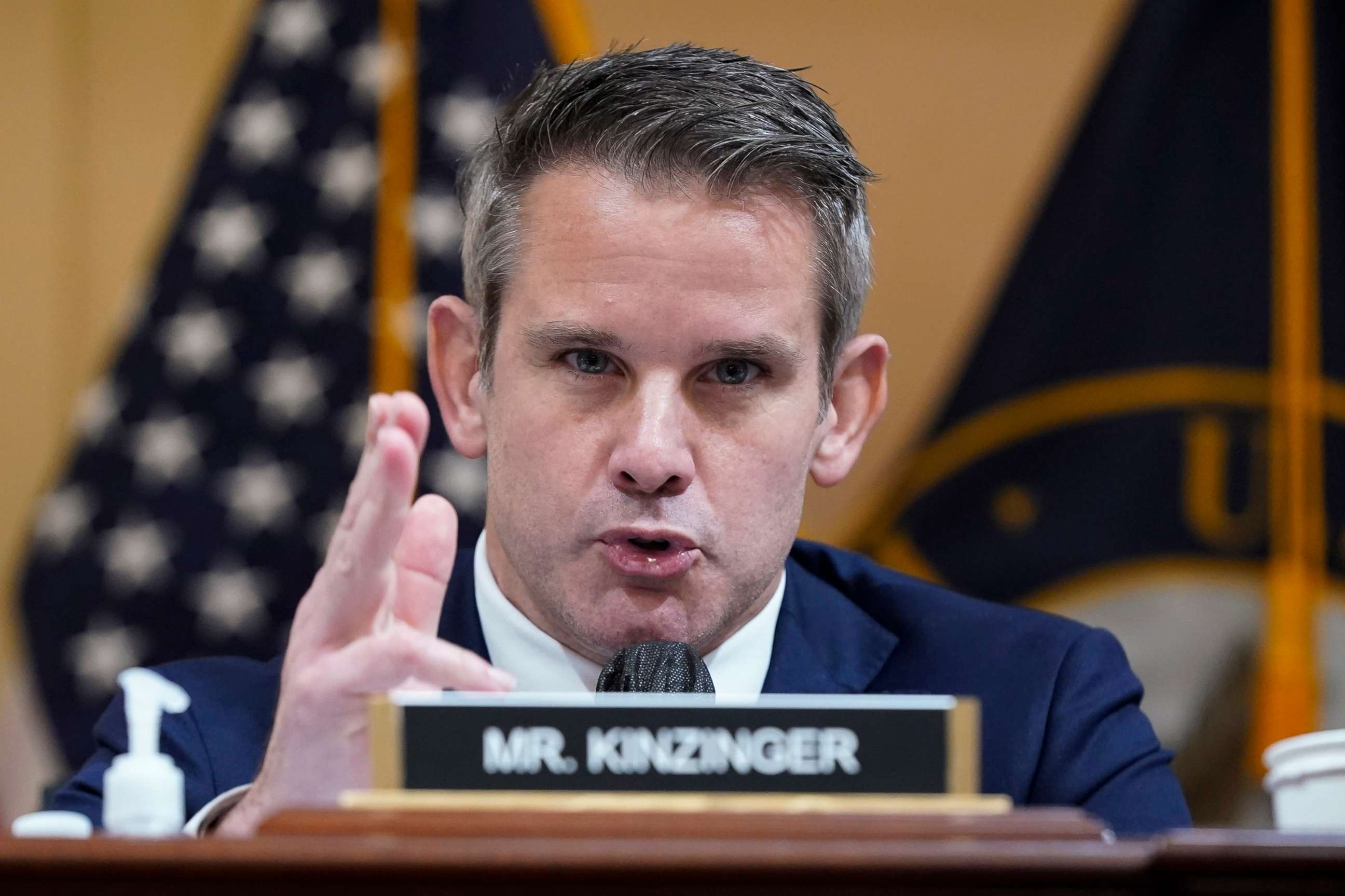 PHOTO: Rep. Adam Kinzinger speaks as the House select committee investigating the Jan. 6 attack on the U.S. Capitol holds a hearing at the Capitol in Washington, D.C., July 21, 2022.